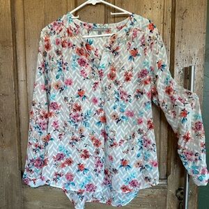 Colorful Sheer floral blouse on white with Chevron details by Daniel Rainn